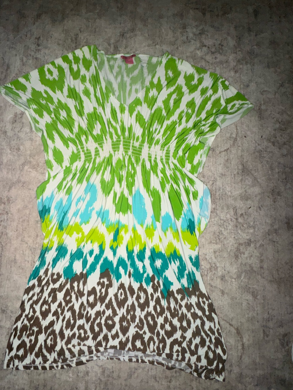 Sunny Leigh Multicolor Ikat-Print Short Maxi Dress in Green, Teal & Brown